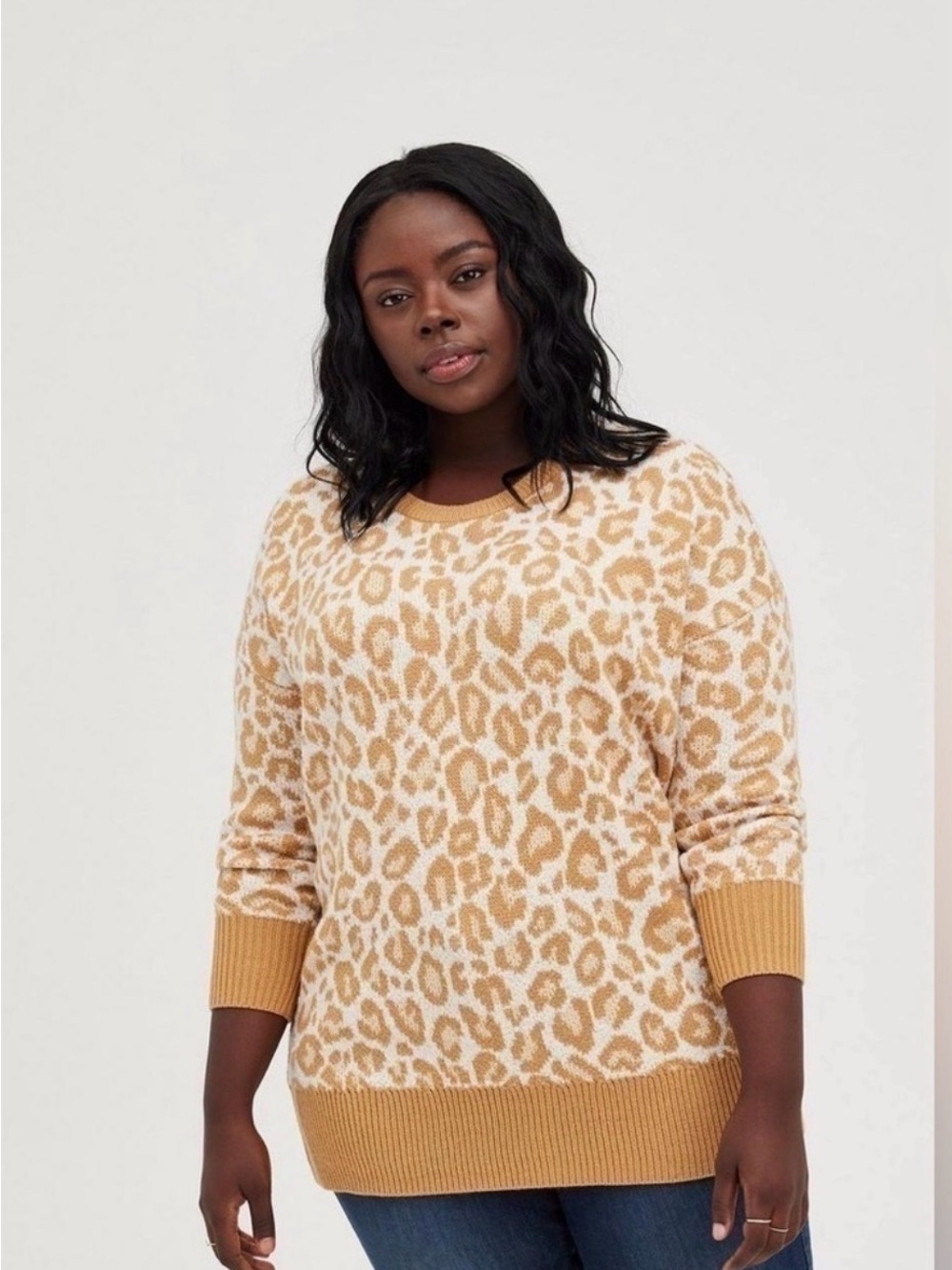 Torrid Cozy Leopard Print Crewneck Sweater - Camel/White